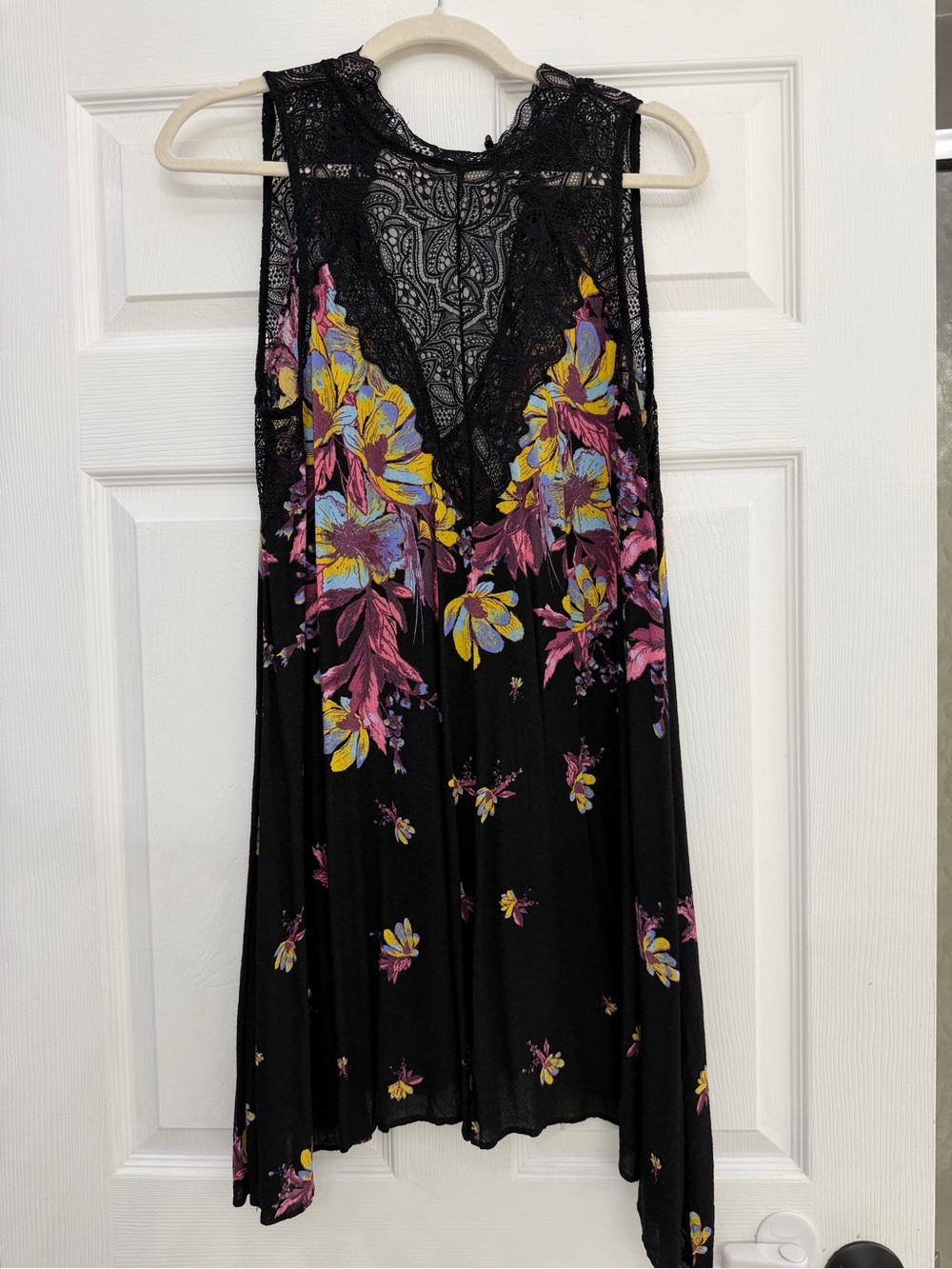 Floral Lace-Trim Black Nightdress with Pink & Yellow Blooms
